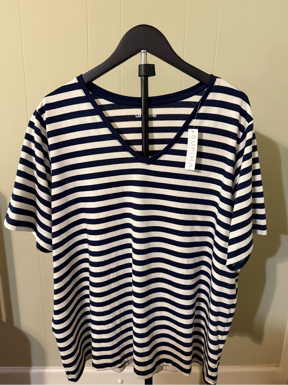 Lands' End Navy and White Striped V-Neck Short Sleeve Tee 100% cotton